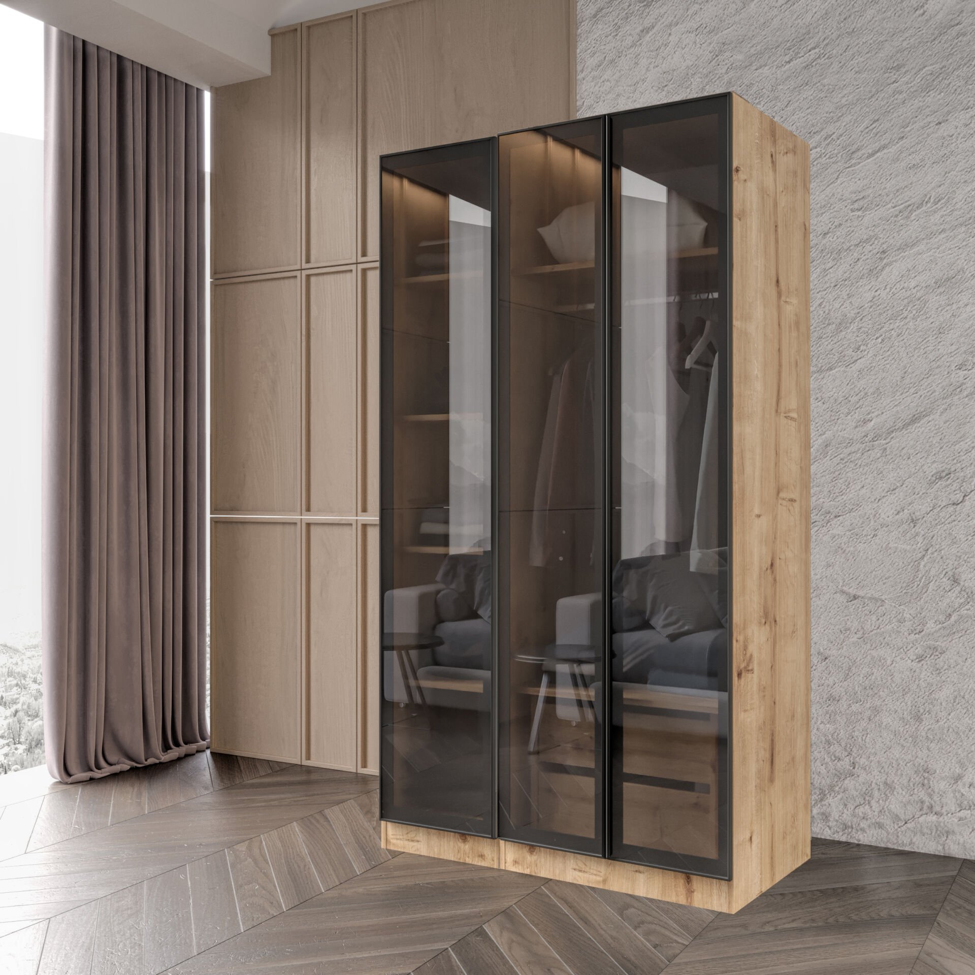 Altay Kayra Füme Camlı Alimünyum Kapaklı 2 Çekmeceli Giyinme Dolabı Led Askılıklı Tamamı Mdf