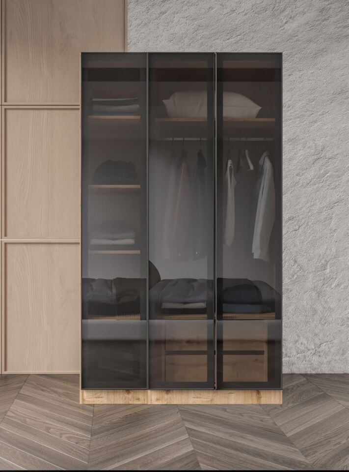 Altay Kayra Füme Camlı Alimünyum Kapaklı 2 Çekmeceli Giyinme Dolabı Led Askılıklı Tamamı Mdf