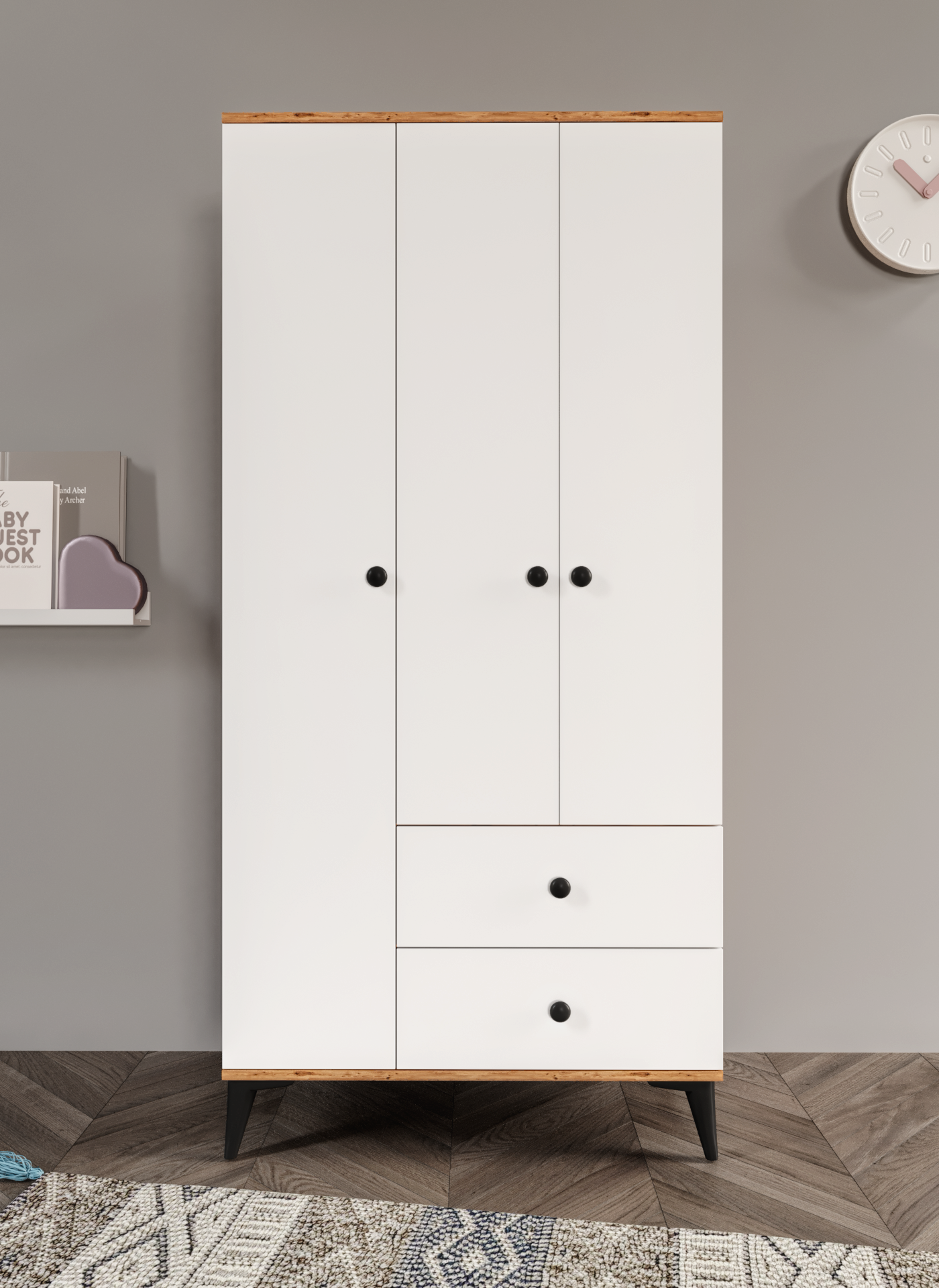 Neva 3 Kapaklı 2 Çekmeceli Tamamı MDF Gardrop Atlas Çam Beyaz