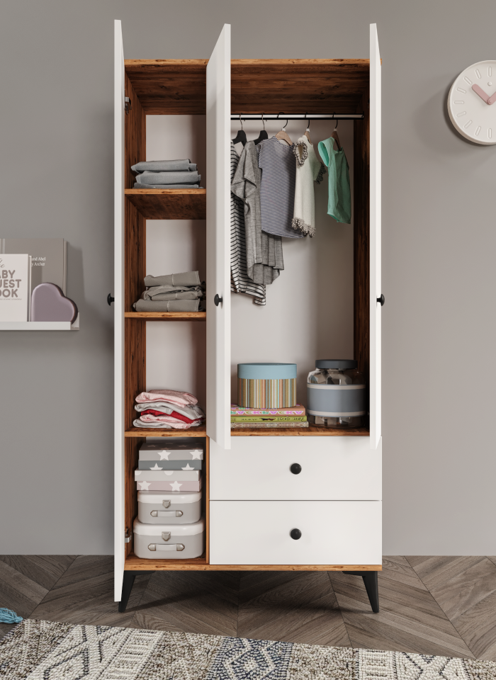 Neva 3 Kapaklı 2 Çekmeceli Tamamı MDF Gardrop Atlas Çam Beyaz