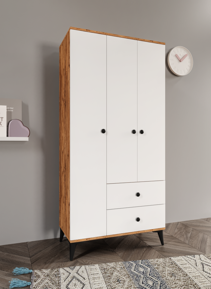 Neva 3 Kapaklı 2 Çekmeceli Tamamı MDF Gardrop Atlas Çam Beyaz