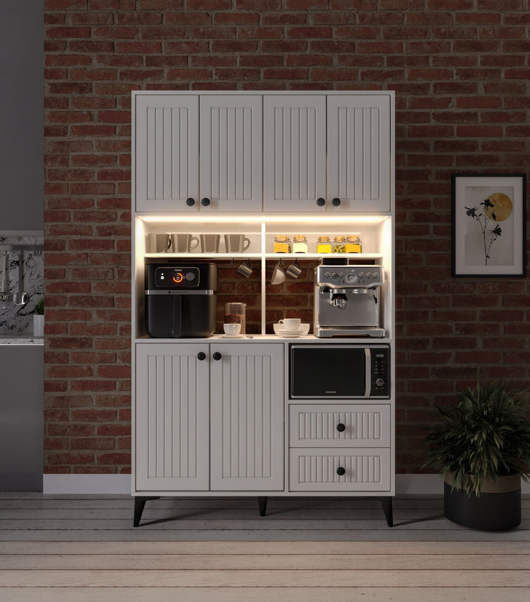 Afilli Nebula Kahve Köşesi Mebran Kapaklı Led Aydınlatmalı Tamamı Mdf Beyaz