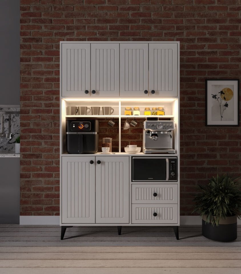 Afilli Nebula Kahve Köşesi Mebran Kapaklı Led Aydınlatmalı Tamamı Mdf Beyaz