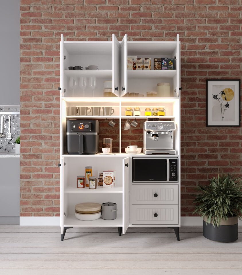 Afilli Nebula Kahve Köşesi Mebran Kapaklı Led Aydınlatmalı Tamamı Mdf Beyaz