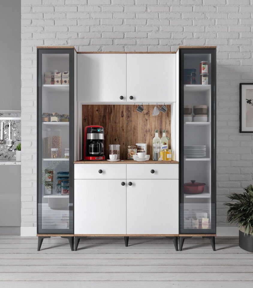 Demre Camlı 6 Kapaklı 2 Çekmeceli Kahve Köşeşi Beyaz Tamamı Mdf 180 cm