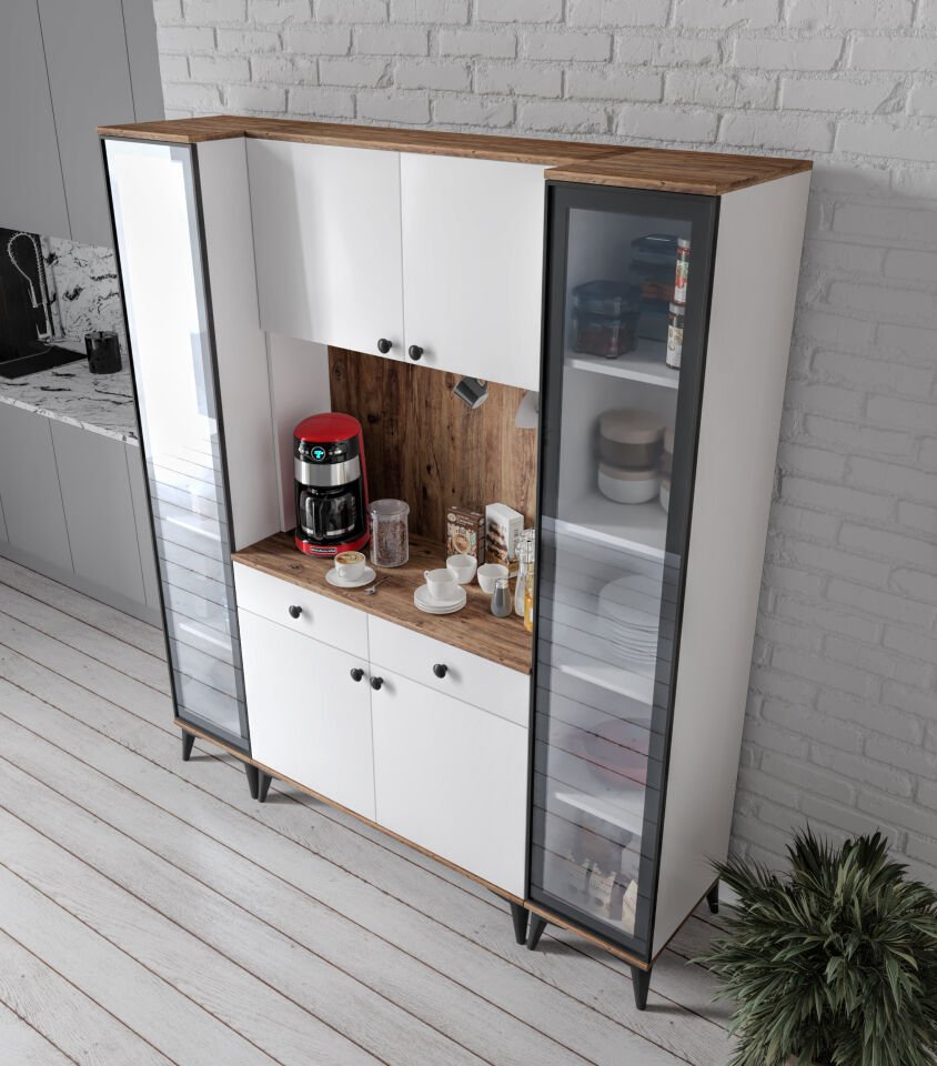 Demre Camlı 6 Kapaklı 2 Çekmeceli Kahve Köşeşi Beyaz Tamamı Mdf 180 cm