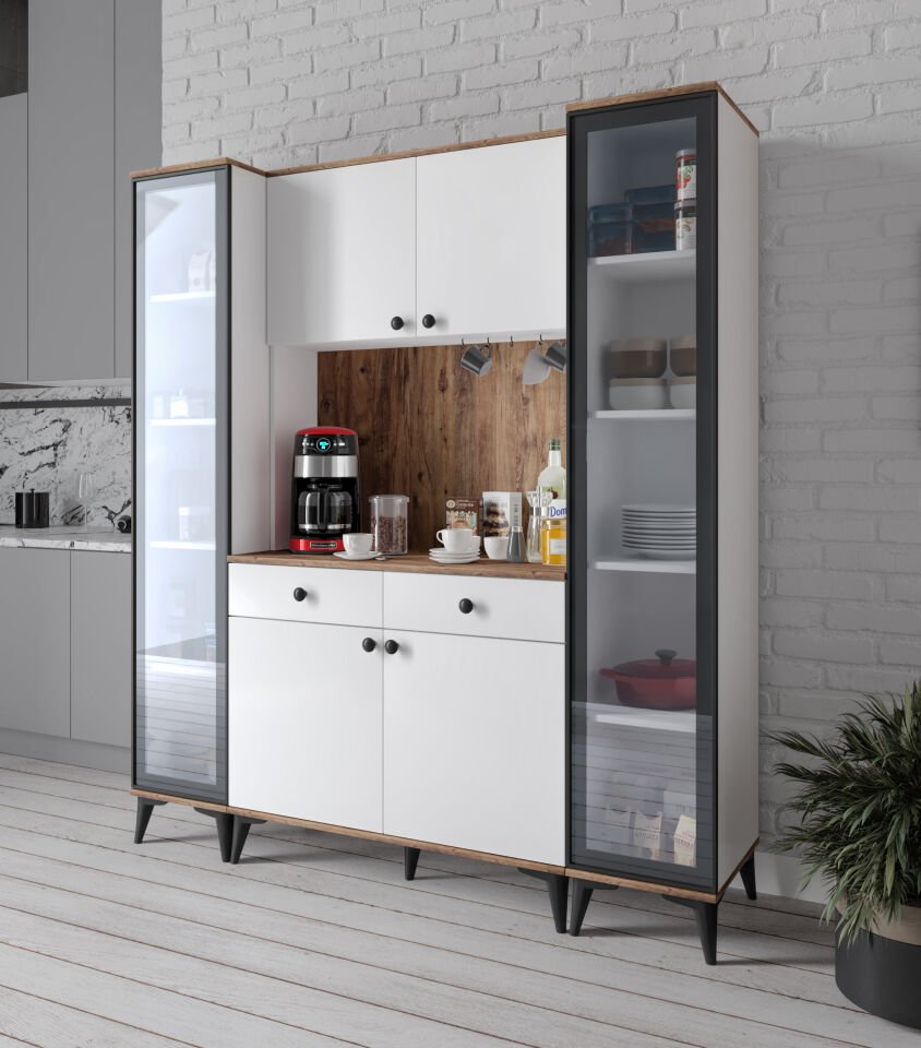 Demre Camlı 6 Kapaklı 2 Çekmeceli Kahve Köşeşi Beyaz Tamamı Mdf 180 cm