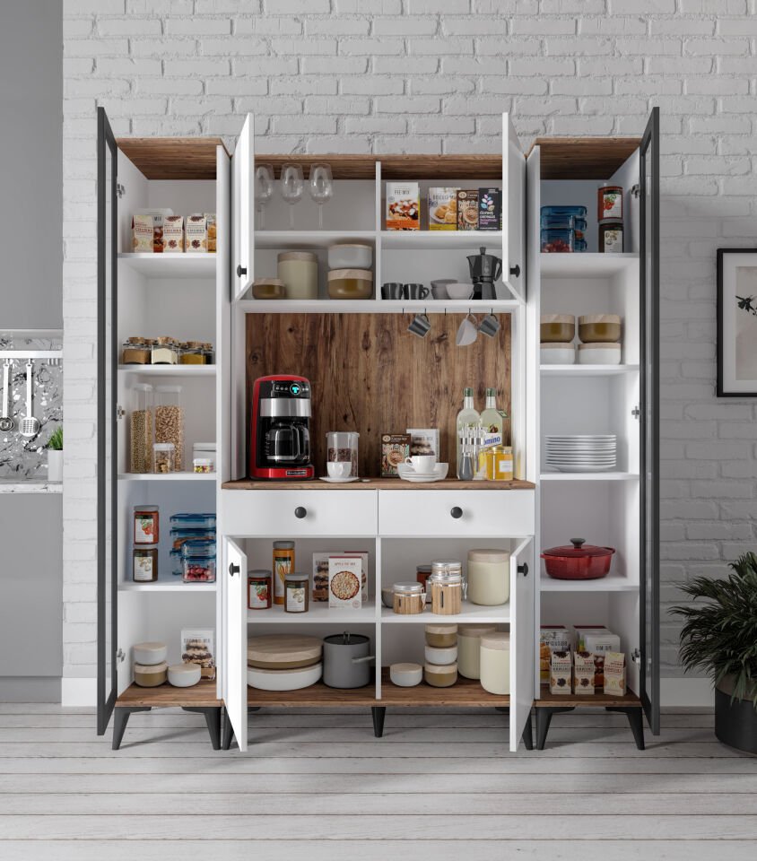 Demre Camlı 6 Kapaklı 2 Çekmeceli Kahve Köşeşi Beyaz Tamamı Mdf 180 cm