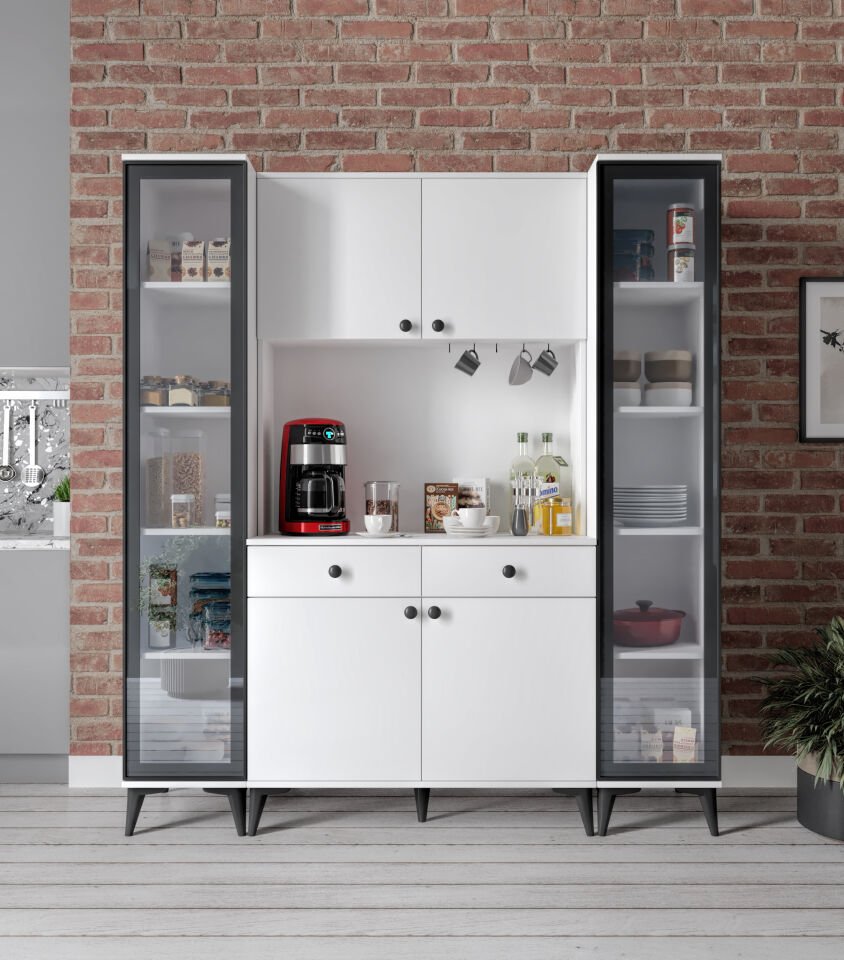 Demre Camlı 6 Kapaklı 2 Çekmeceli Kahve Köşeşi Beyaz Tamamı Mdf 180 cm