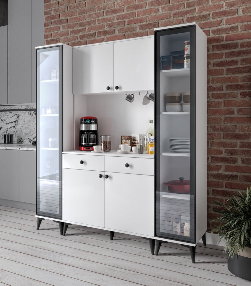 Demre Camlı 6 Kapaklı 2 Çekmeceli Kahve Köşeşi Beyaz Tamamı Mdf 180 cm