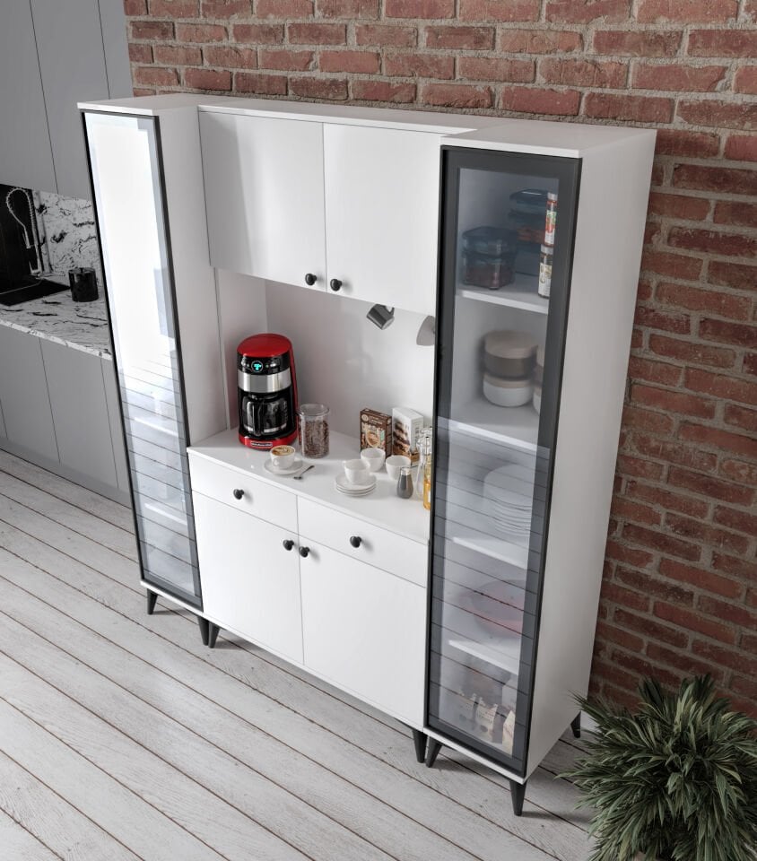 Demre Camlı 6 Kapaklı 2 Çekmeceli Kahve Köşeşi Beyaz Tamamı Mdf 180 cm