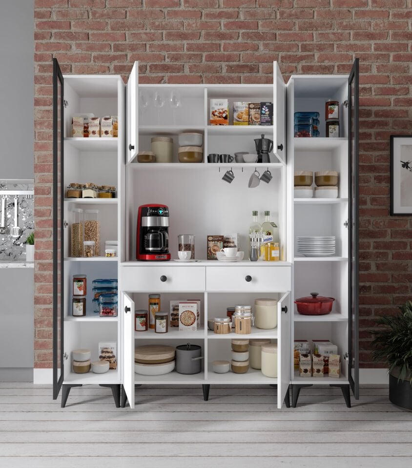 Demre Camlı 6 Kapaklı 2 Çekmeceli Kahve Köşeşi Beyaz Tamamı Mdf 180 cm