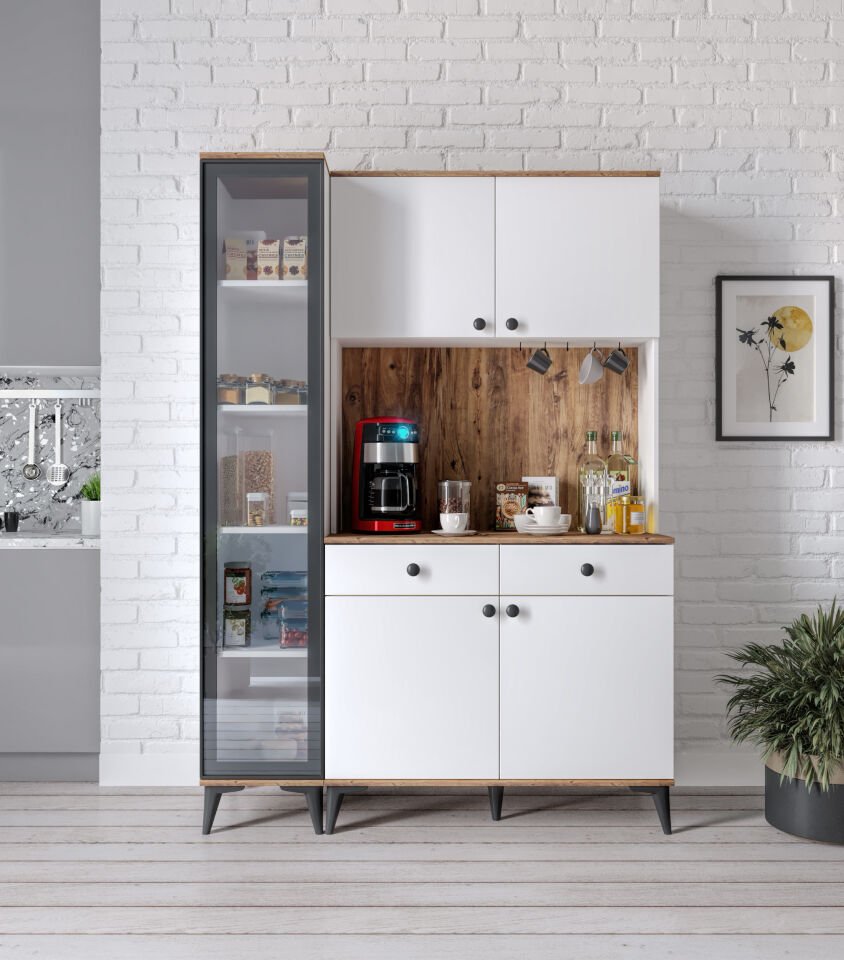 Demre Camlı 5 Kapaklı 2 Çekmeceli Kahve Köşeşi Beyaz Tamamı MDF 140 cm