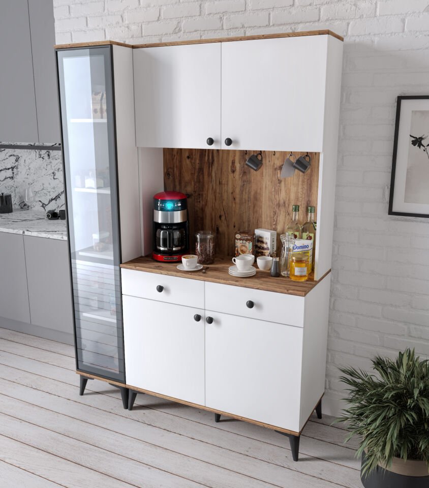 Demre Camlı 5 Kapaklı 2 Çekmeceli Kahve Köşeşi Beyaz Tamamı MDF 140 cm