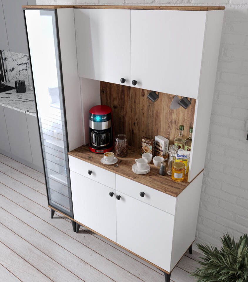 Demre Camlı 5 Kapaklı 2 Çekmeceli Kahve Köşeşi Beyaz Tamamı MDF 140 cm