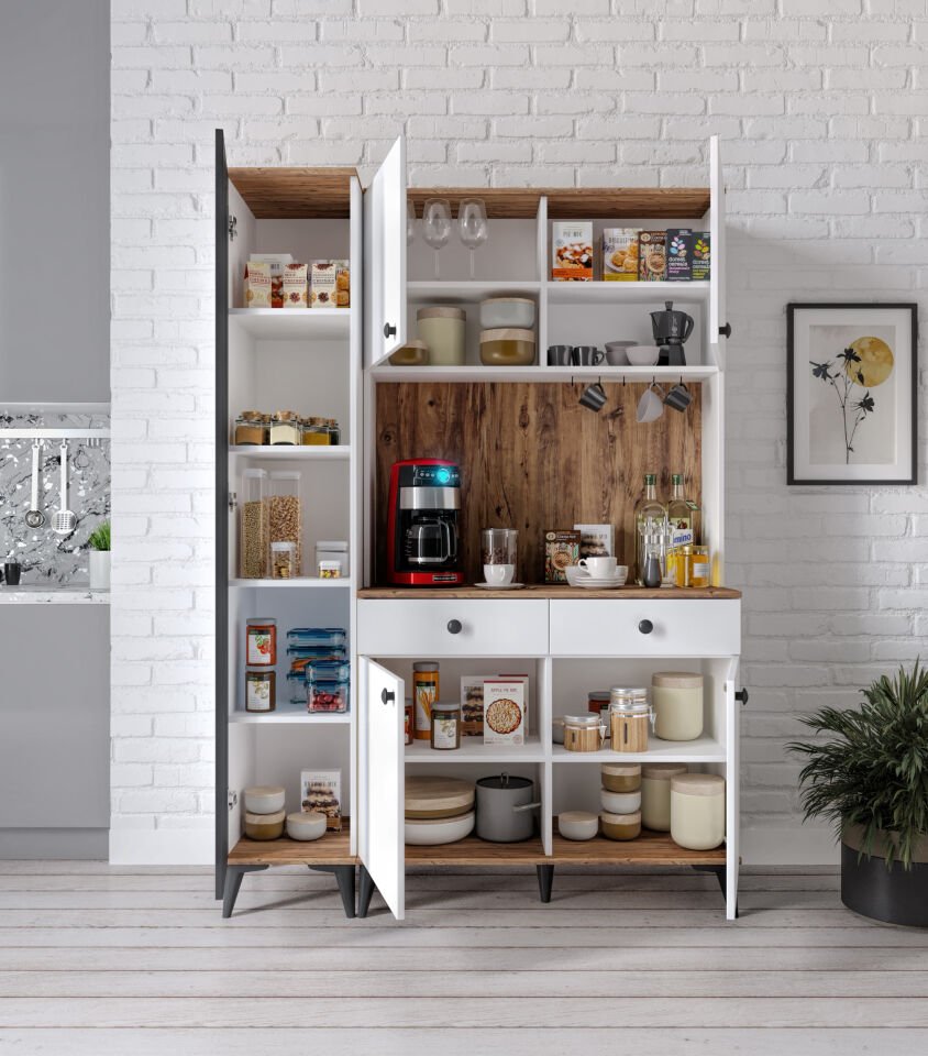 Demre Camlı 5 Kapaklı 2 Çekmeceli Kahve Köşeşi Beyaz Tamamı MDF 140 cm