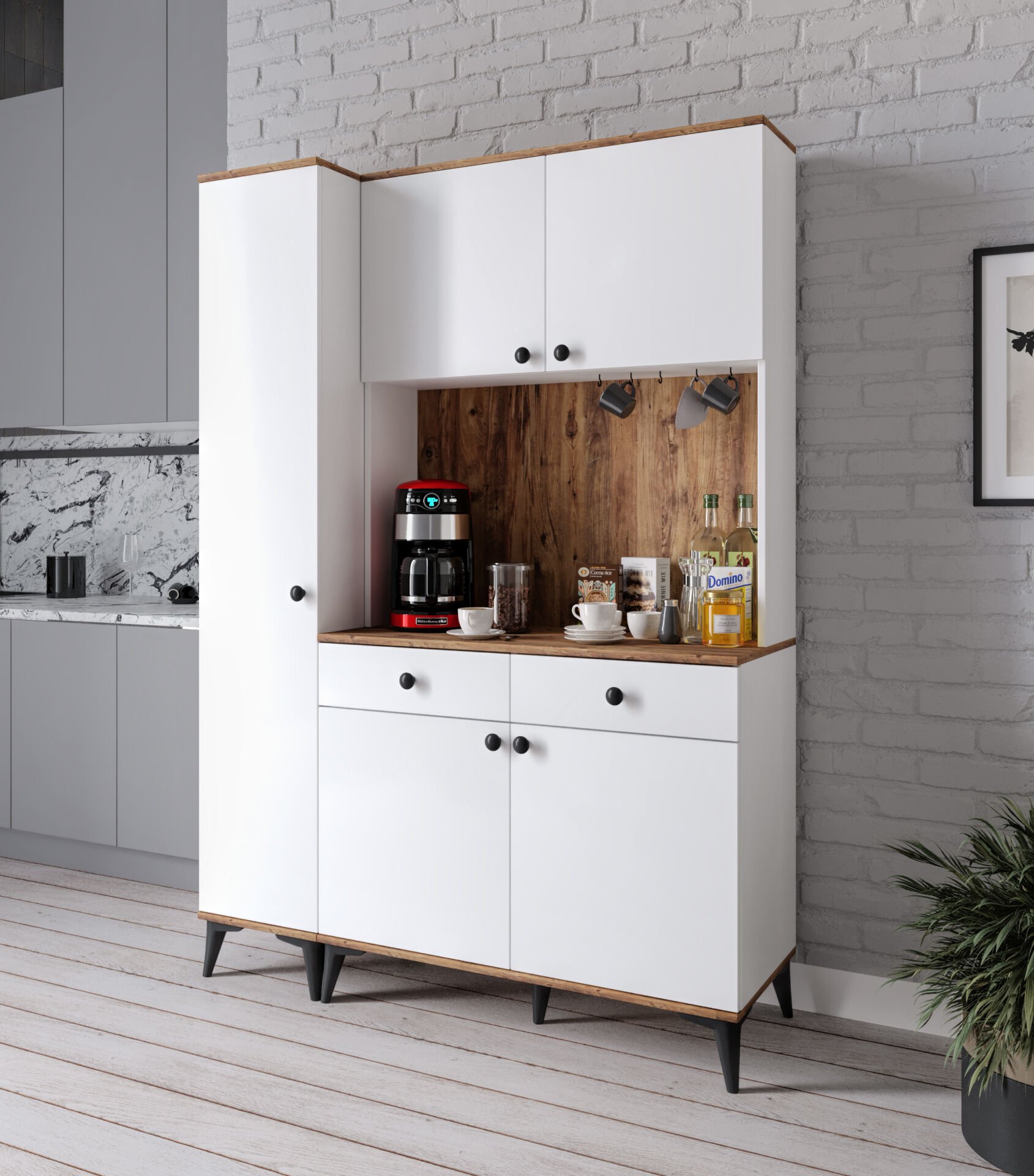 Demre 5 Kapaklı 2 Çekmeceli Kahve Köşeşi Beyaz Tamamı MDF 140 cm