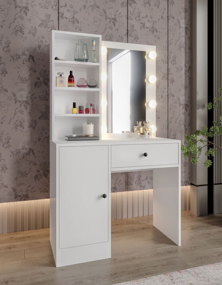Afilli Tek Çekmeceli Işıklı Ve Aynalı Makyaj Masası Tamamı Mdf