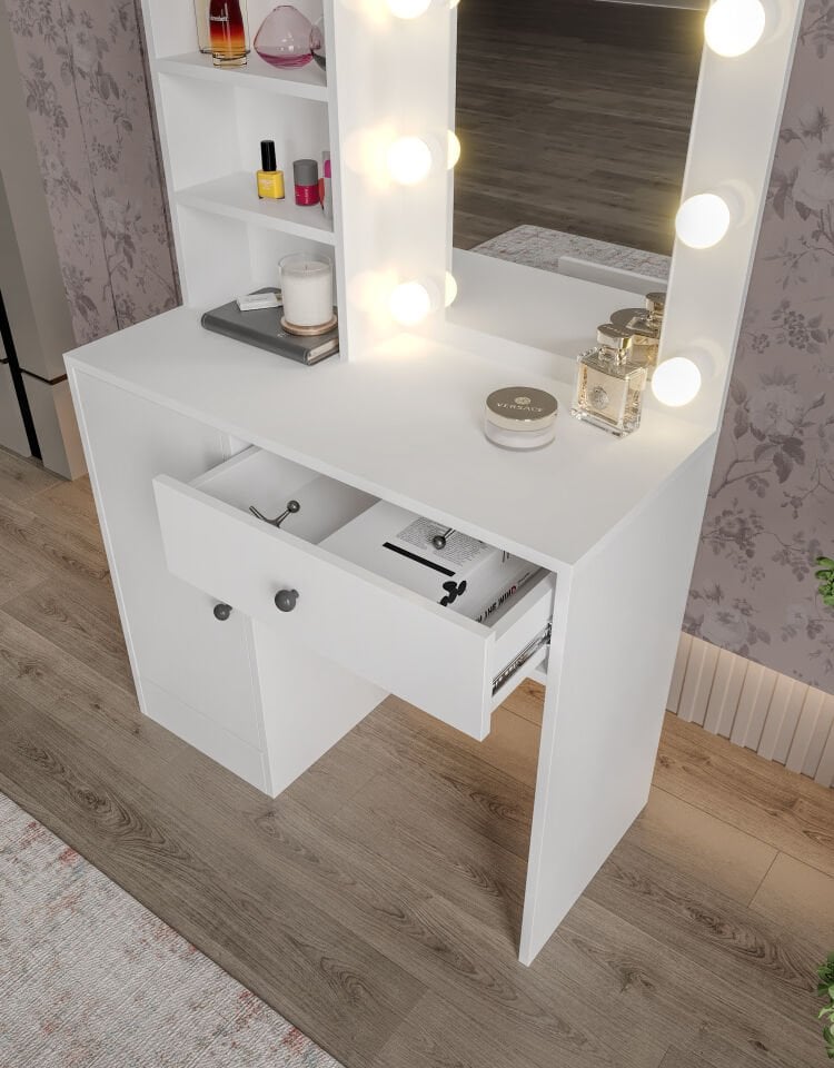 Afilli Tek Çekmeceli Işıklı Ve Aynalı Makyaj Masası Tamamı Mdf